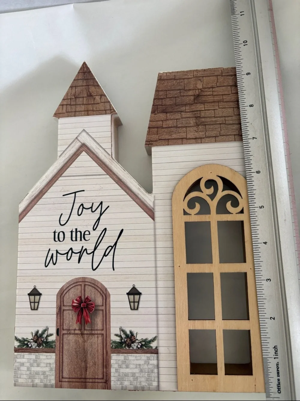 Wooden tabletop Christmas church “joy to the World” red bottle brush tree set